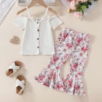 Children's summer striped bow suspender short-sleeved top + floral flared pants two-piece set  White