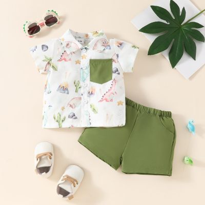 Bebé niño vacaciones de verano playa estilo tropical dinosaurio planta bolsillo frontal camisa de manga corta + pantalones cortos de color sólido conjunto de dos piezas