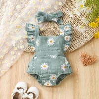 Baby girl's summer cute and fresh daisy print ruffled suspender triangle hoodie + headscarf two-piece set  Green