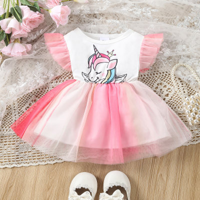 Vestido de bebé niña de malla degradada con estampado de unicornios y mangas volantes