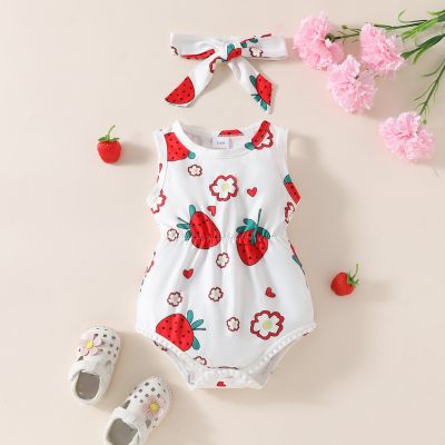 Bebê menina verão bonito morango flor renda costura sem mangas cintura triângulo macacão + lenço de cabeça conjunto de duas peças