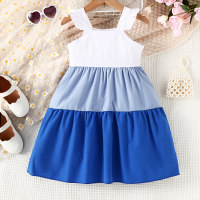 Vestido de alças patchwork bloco de cores para menina pequena  Azul