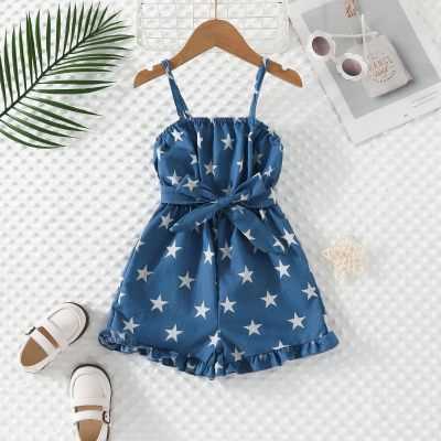 2-piece Toddler Girl Allover Star Printed Sleeveless Jumpsuit & Bowknot Belt