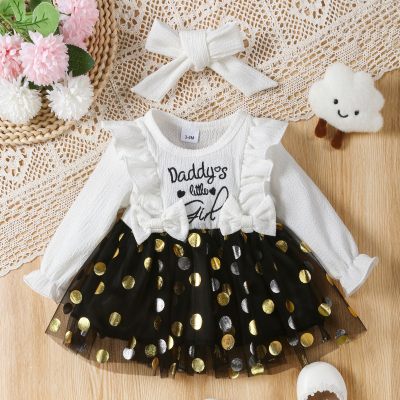 Baby Girl 2 Pieces letter embroidered ruffle polka dot mesh long sleeved dress & headscarf two-piece set