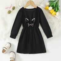 Toddler Girl Cat Print Long-cleeved Dress  Black