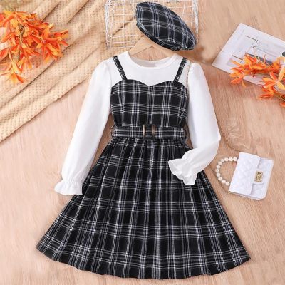 3-piece Toddler Girl Contrast Color Plaid Stitching Long Sleeve Dress With Hat & Belt