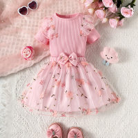2-piece Toddler Girl Ribbed Floral Patchwork Short Sleeev Top & Mesh Patchwork Bowknot Decor Skirt  Pink