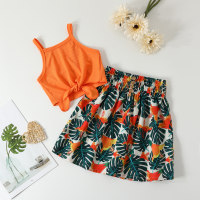 2-piece Toddler Girl Solid Color Bowknot Tied Cami Top & Allover Floral Printed Skirt  Orange