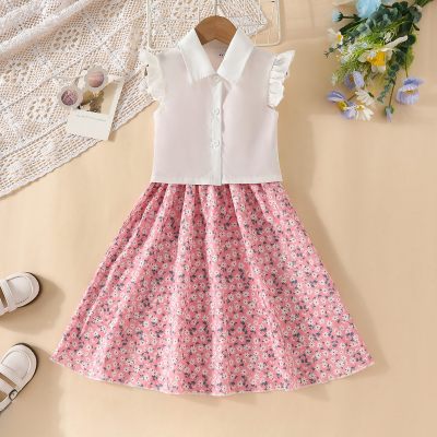 2-piece Toddler Girl Solid Color Lapel Sleeveless Blouse & Allover Floral Printed Cami Dress