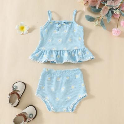 Baby girl's fresh bow cute daisy lace hem halter top + briefs two-piece set