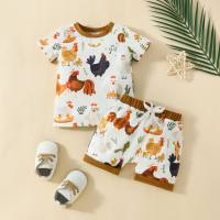 Infant casual all-over printed hen animal casual short-sleeved top + shorts two-piece set  Multicolor