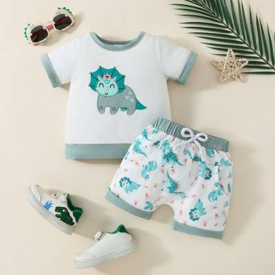 Camiseta esportiva casual infantil e menino com remendo de dinossauro bordado em bloco de cores + shorts com letras de dinossauro com bolsos