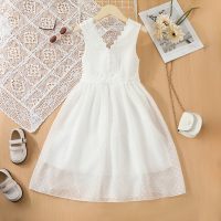 Girls Summer Elegant Lace V-neck Jacquard Sleeveless Dress  White