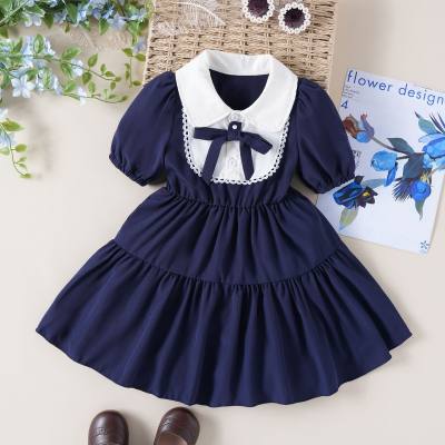 Little girl summer elegant lace stitching front button doll collar puff sleeve dress with detachable bow