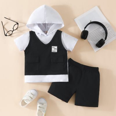 2-piece Toddler Boy Pure Cotton 2 in 1 Color-block Patchwork Short Sleeve Hoodie & Solid Color Shorts