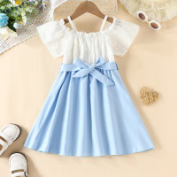 2-piece Toddler Girl Color-block Patchwork Short Sleeve Dress & Belt  White