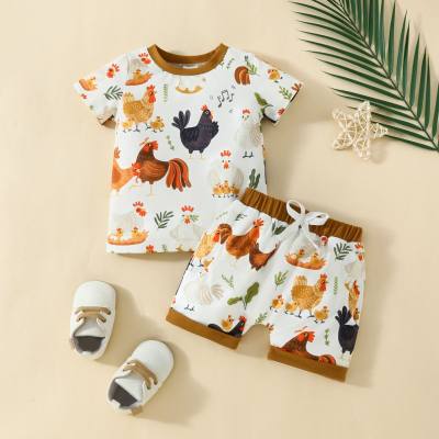 Infant casual all-over printed hen animal casual short-sleeved top + shorts two-piece set