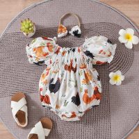 Baby Girls Summer Cute Farm Hen Puff Sleeve Square Neck Triangle Romper + Headscarf Two-piece Set  White