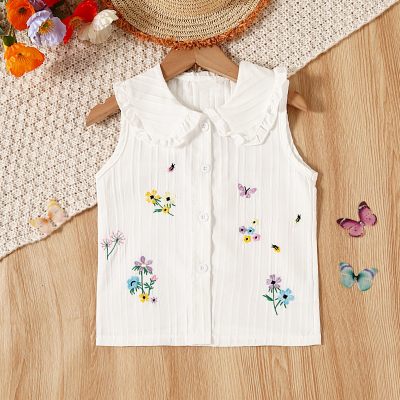 قميص بياقة الدمية المطرز على شكل زهرة لطيفة للفتيات الصغيرات في الصيف
