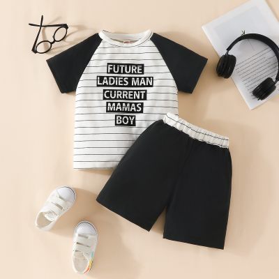 2-piece Toddler Boy Striped Patchwork Letter Printed Short Sleeve T-shirt & Solid Color Shorts