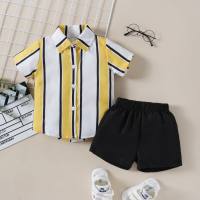 Conjunto de dos piezas de camisa de manga corta con botones delanteros de rayas verticales informales para niño + pantalones cortos de color sólido  Amarillo