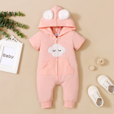 Baby Girl Cloud Embroidered Hooded Zip-up Short Sleeve Long Leg Romper