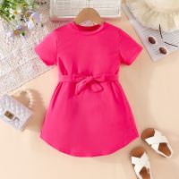 Vestido y cinturón de manga corta de color sólido para niña pequeña de 2 piezas  Rosa caliente