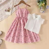 2-piece Toddler Girl Solid Color Lapel Sleeveless Blouse & Allover Floral Printed Cami Dress  Pink