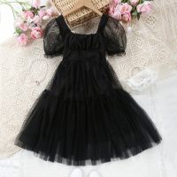 فستان شبكي صيفي للفتيات بأكمام منتفخة ورقبة مربعة  أسود