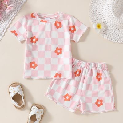 Little girl's summer casual loose pink and white plaid flower T-shirt + shorts two-piece set