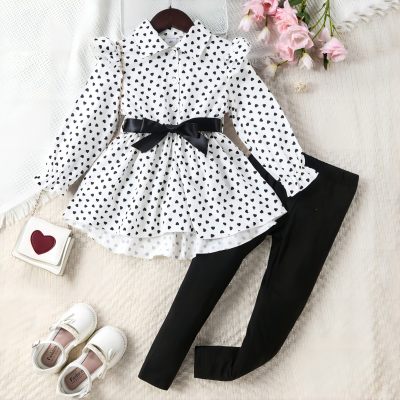 Elegant love printed ruffled long-sleeved shirt for girls + solid color trousers + belt three-piece set
