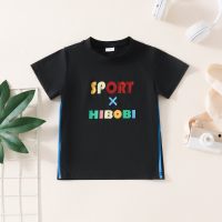 Camiseta de manga corta con estampado de letras para niño pequeño, deportiva, de secado rápido, de seda helada  Negro