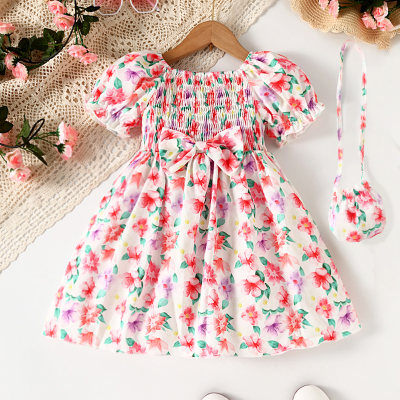 2-piece Toddler Girl Floral Printed Bowknot Decor Slash Neck Short Sleeve Dress & Mini Bag