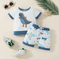 Camiseta deportiva informal con parche de dinosaurio para bebé y niño, camiseta con bloques de color bordado, pantalones cortos con letras de dinosaurio y bolsillos  Azul