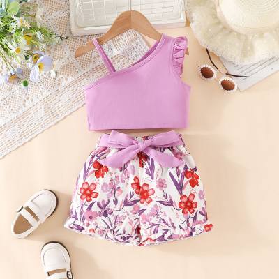 3-piece Toddler Girl Solid Color Dew Shoulder Vest & Allover Floral Shorts & Bowknot Belt