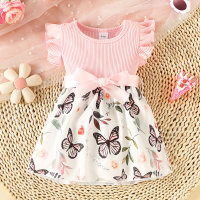 2-piece Baby Girl Butterfly Printed Patchwork Ruffled Sleeve Dress & Bowknot Belt  Pink