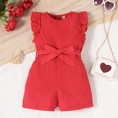 2-piece Toddler Girl Solid Color Ruffled Sleeveless Jumpsuit & Belt