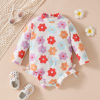 Children's summer beach vacation flower ruffles bow back zipper long sleeve triangle swimsuit  Multicolor