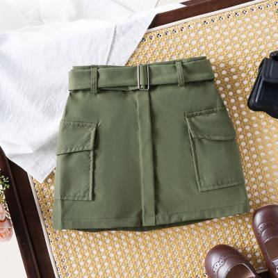 Little girl summer casual workwear pocket skirt + belt two-piece set