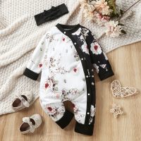 Baby Girl 2 Pieces Floral Pattern Long-sleeved Long-leg Romper & Headband  Black