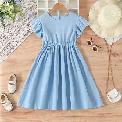 Girls summer solid color simple ladies back button small flying sleeves lace patchwork waist dress