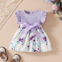 Baby Girls Summer Elegant Striped Floral Butterfly Sleeveless Dress + Belt Two-piece Set  Purple