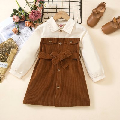 Toddler Girl Color-block Bowknot Decor Pocket Front Shirt Collar Long Sleeve Corduroy Dress