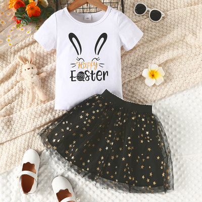 T-shirt de manga curta com estampa de coelho e letras para meninas e saia de patchwork de malha com decoração de lantejoulas 2 peças
