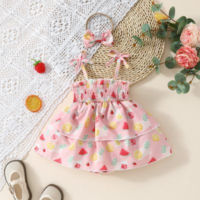 Baby girl summer cute lemon watermelon pineapple fruit pattern sling triangle harem dress + headscarf two-piece set