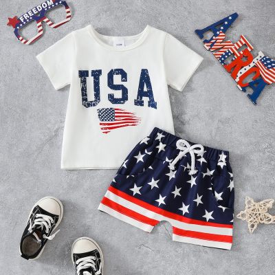 Conjunto bebé verano dos piezas camiseta bandera USA azul y blanca + short rayas cinco estrellas
