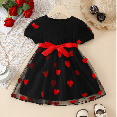 2-piece Toddler Girl Heart Printed Mesh Patchwork Short Sleeve Dress & Bowknot Belt