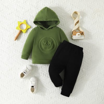 Baby Boy Solid Color Smile Pattern Hooded Sweater & Pants