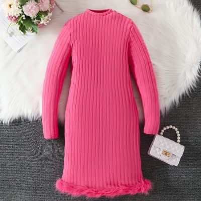 Kid Girl Solid Color Ribbed Plush Patchwork Long Sleeve Dress