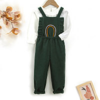 2-piece Toddler Girl Ruffled Collar Solid Color Top & Embroidered Suspenders Pants  Green